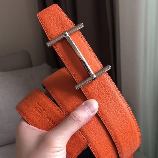 Replica Hermes H d Ancre Reversible Belt In Orange Noir Leather