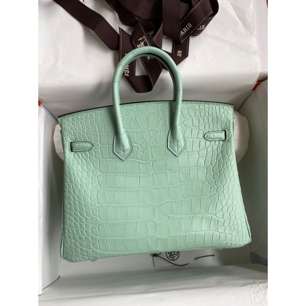 Replica Hermes Birkin 25 Retourne Handmade Bag In Vert D eau Matte Alligator Leather