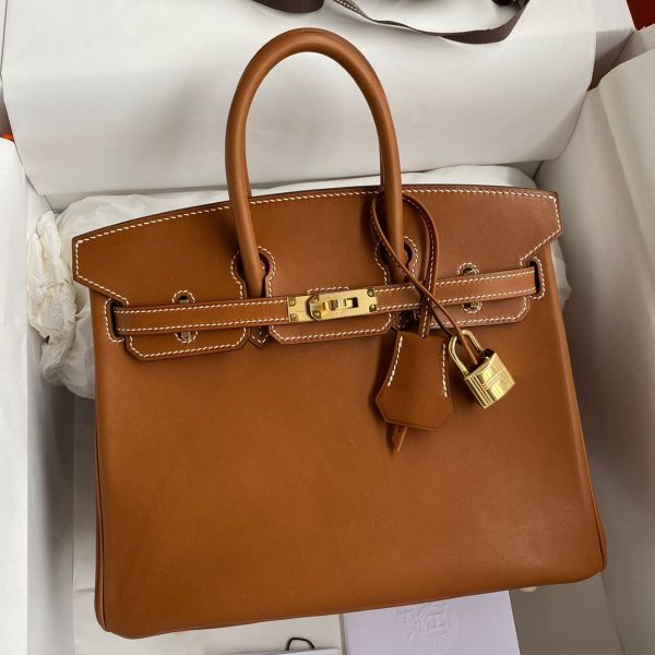 Replica Hermes Birkin 25 Retourne Handmade Bag In Gold Barenia Calfskin