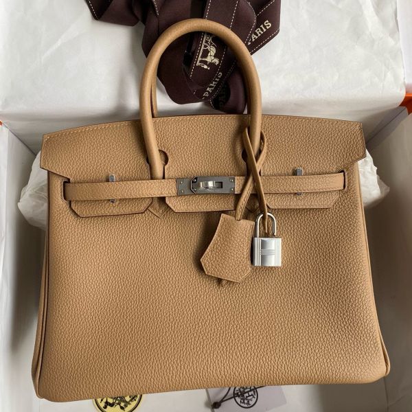Replica Hermes Birkin 25 Retourne Handmade Bag in Chai Clemence Leather