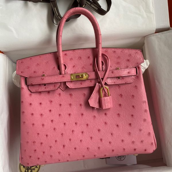 Replica Hermes Birkin 25 Retourne Handmade Bag In Pink Ostrich Leather