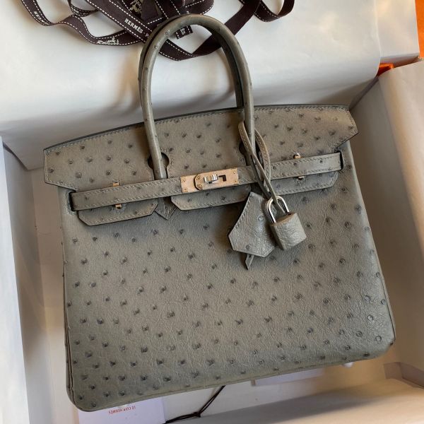 Replica Hermes Birkin 25 Retourne Handmade Bag In Gris Tourterelle Ostrich Leather