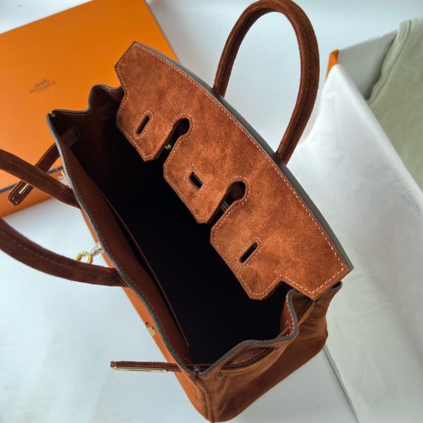 Replica Hermes Birkin 25 Retourne Handmade Bag In Brown Doblis Suede Leather