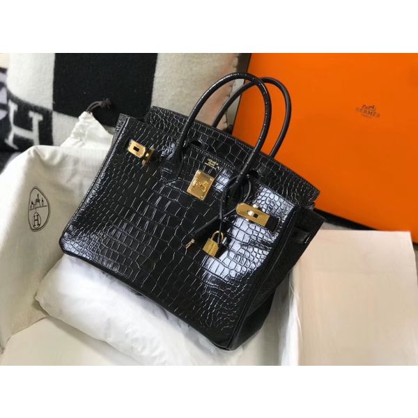 Replica Hermes Birkin 30cm Bag In Black Embossed Crocodile Leather