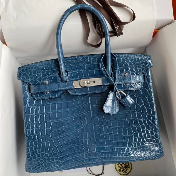 Replica Hermes Birkin 30 Handmade Bag In Blue Tempete Crocodile Niloticus Shiny Skin