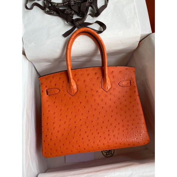 Replica Hermes Birkin 30 Retourne Handmade Bag In Orange Ostrich Leather