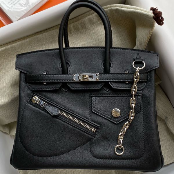 Replica Hermes Birkin Rock 25 Handmade Bag in Black Volupto Leather