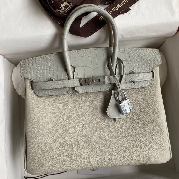 Replica Hermes Touch Birkin 25 Bag in Pearl Grey Togo and Matte Alligator Leather