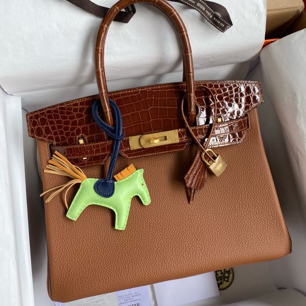 Replica Hermes Touch Birkin 30 Bag In Gold Clemence and Shiny Niloticus Crocodile Skin