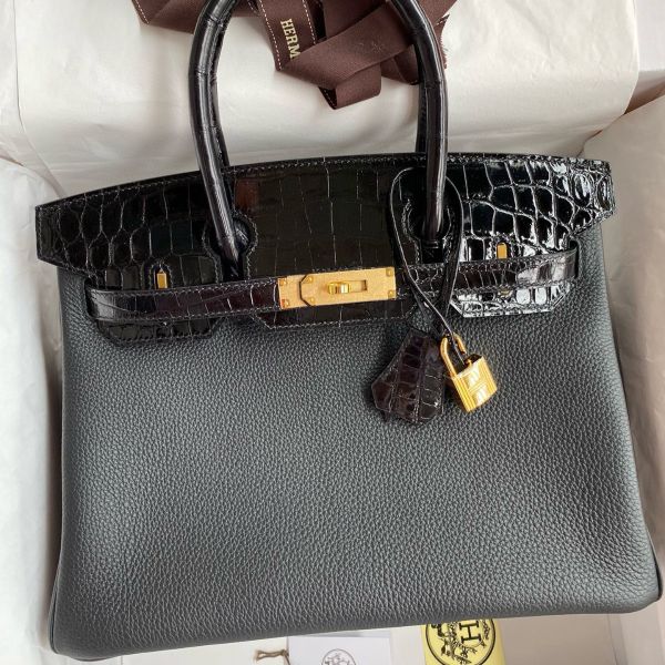 Replica Hermes Touch Birkin 30 Bag In Black Clemence and Shiny Niloticus Crocodile Skin