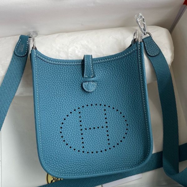 Replica Hermes Evelyne Mini Handmade Bag in Blue Jean Clemence Leather