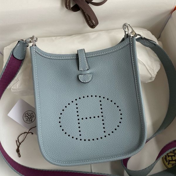 Replica Hermes Evelyne Mini Handmade Bag in Blue Lin Clemence Leather