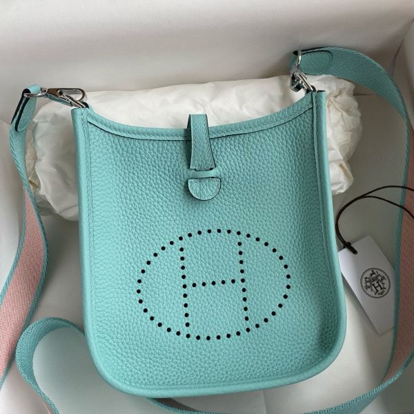 Replica Hermes Evelyne Mini Handmade Bag in Blue Atoll Clemence Leather