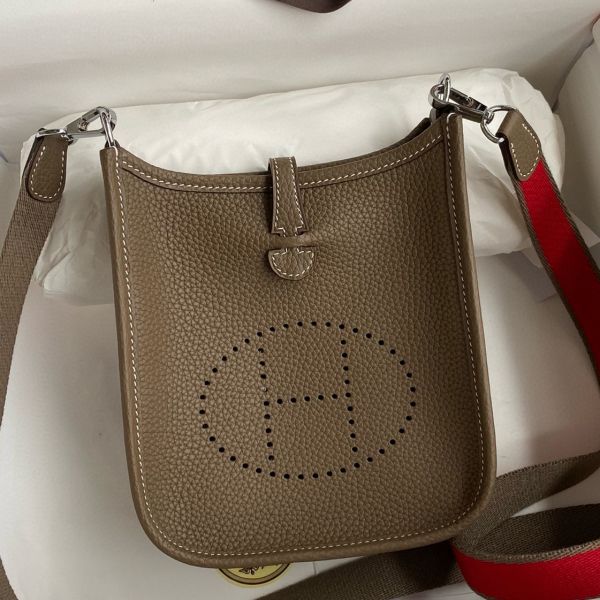 Replica Hermes Evelyne Mini Handmade Bag in Taupe Clemence Leather
