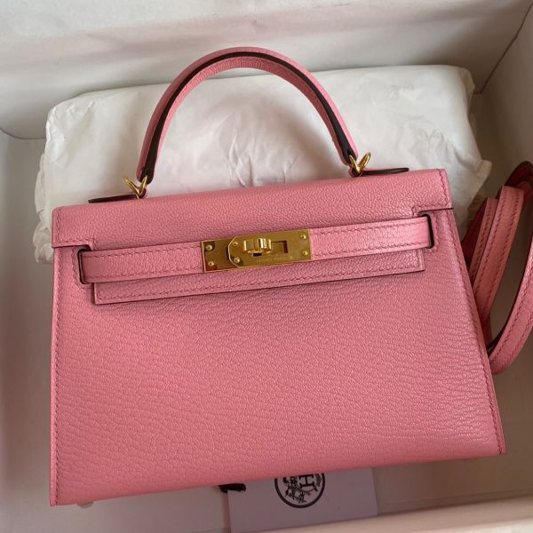 Replica Hermes Kelly Mini II Sellier Handmade Bag In Rose Confetti Chevre Mysore Leather