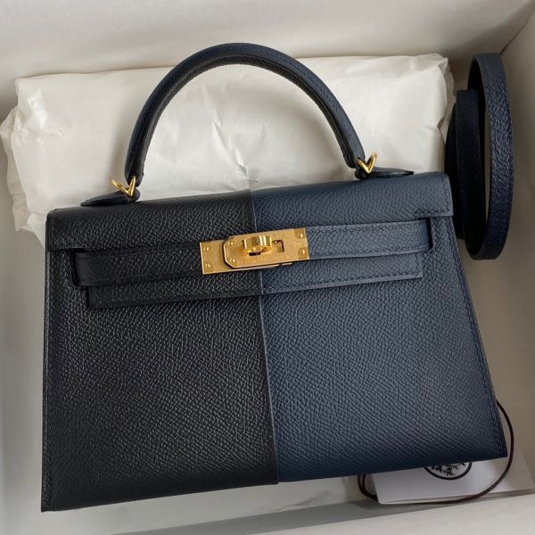 Replica Hermes Kelly Mini II Sellier Tri color Bag In Black Blue Indigo Red Calfskin