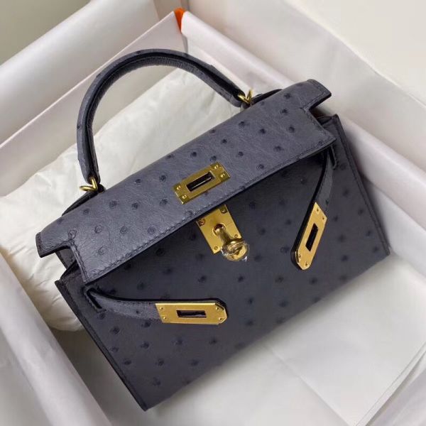 Replica Hermes Kelly Mini II Handmade Bag In Gris Agate Ostrich Leather