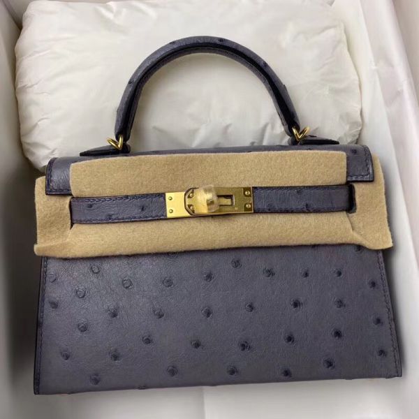 Replica Hermes Kelly Mini II Handmade Bag In Gris Agate Ostrich Leather