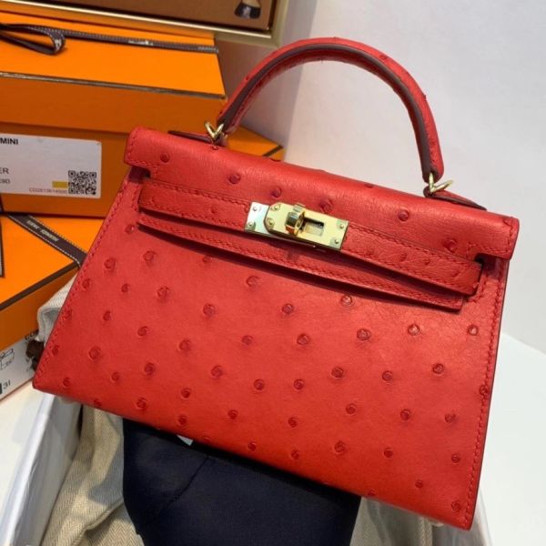 Replica Hermes Kelly Mini II Handmade Bag In Red Ostrich Leather