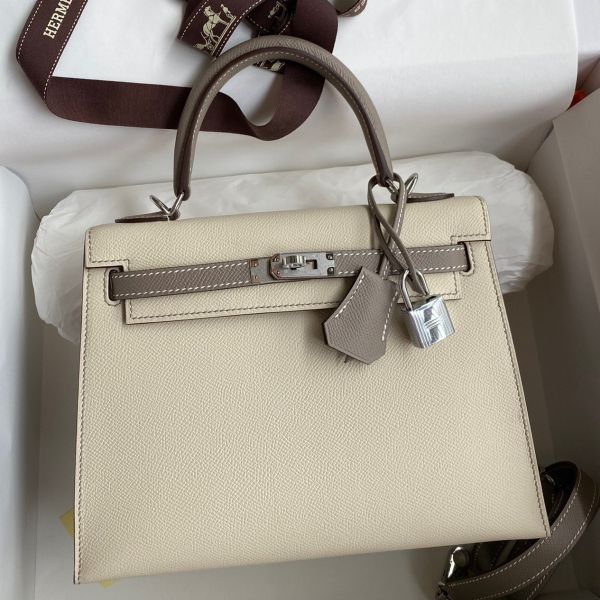 Replica Hermes Kelly Sellier 25 Bicolor Bag in Craie and Gris Asphalt Epsom Calfskin