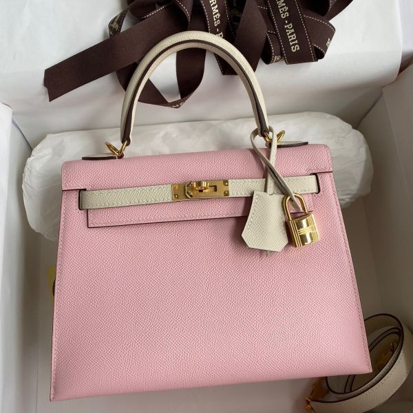 Replica Hermes Kelly Sellier 25 Bicolor Bag in Rose Sakura and Craie Epsom Calfskin