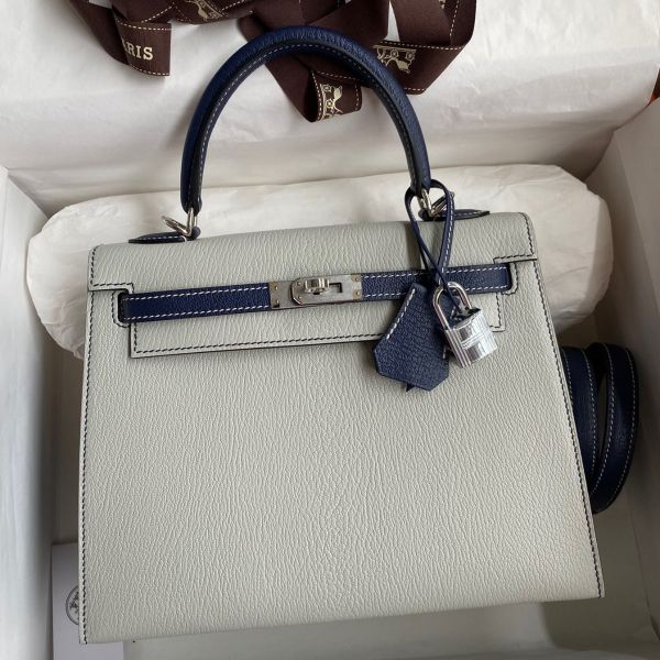Replica Hermes Kelly Sellier 25 Bicolor Bag in Pearl Grey and Blue Mysore Goatskin