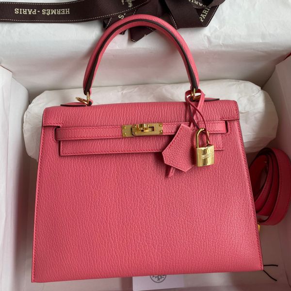 Replica Hermes Kelly Sellier 25 Handmade Bag In Rose Lipstick Mysore Goatskin