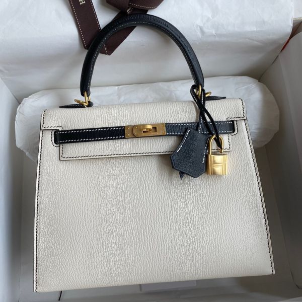 Replica Hermes Kelly Sellier 25 Bicolor Bag in White and Black Mysore Goatskin