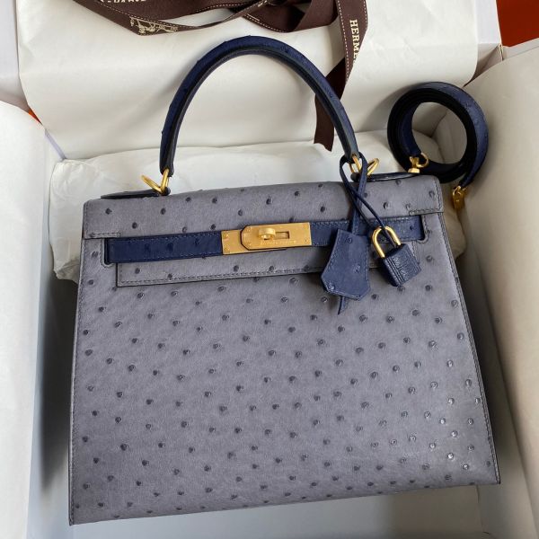 Replica Hermes Kelly Sellier 25 Bicolor Bag in Gris Agate and Blue Ostrich Leather