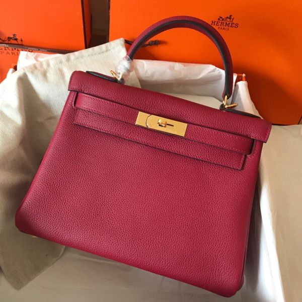Replica Hermes Kelly Retourne 28 Handmade Bag In Ruby Clemence Leather