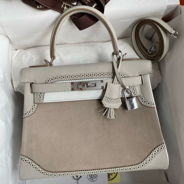 Replica Hermes Kelly 28 Ghillies Grizzly Bag in Pearl Grey Evercolor and Grey Veau Doblis