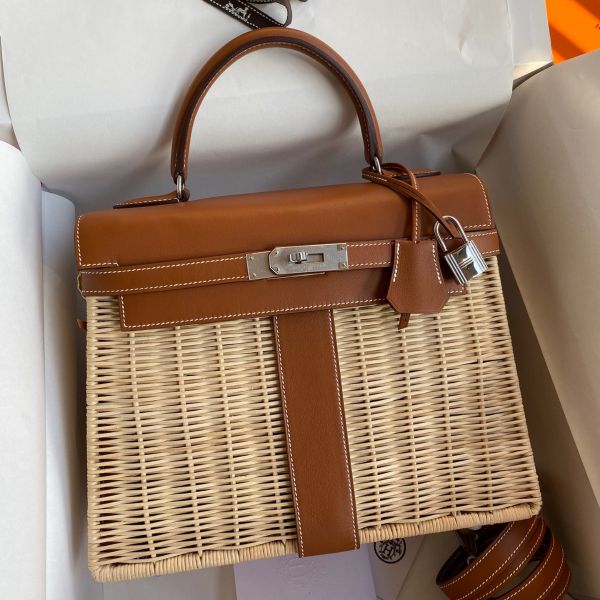 Replica Hermes Picnic Kelly 28cm Bag in Wicker with Barenia Leather