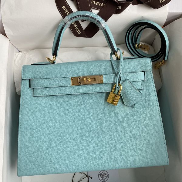 Replica Hermes Kelly Sellier 32 Handmade Bag Blue Atoll Black Epsom Calfskin