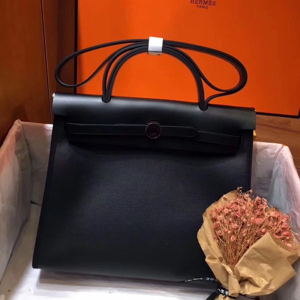 Replica Hermes Herbag Zip 31cm Bag In Black Leather And Toile