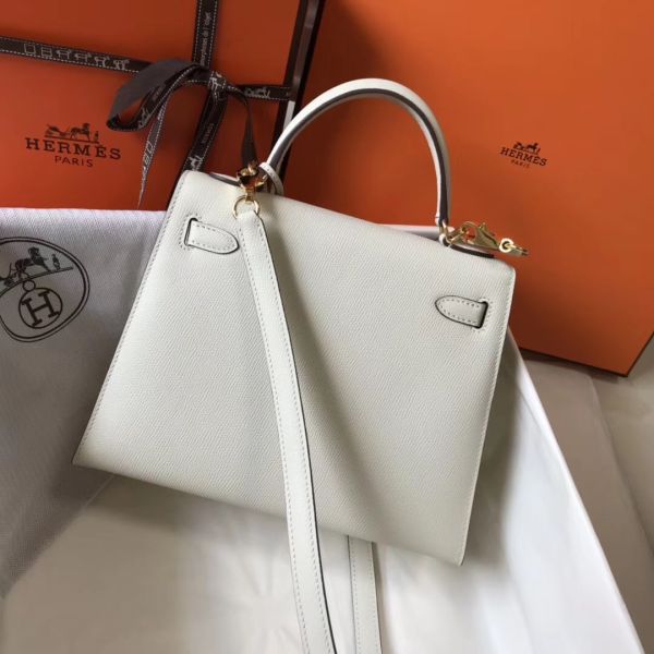 Replica Hermes Kelly 25cm Sellier Bag In White Epsom Leather