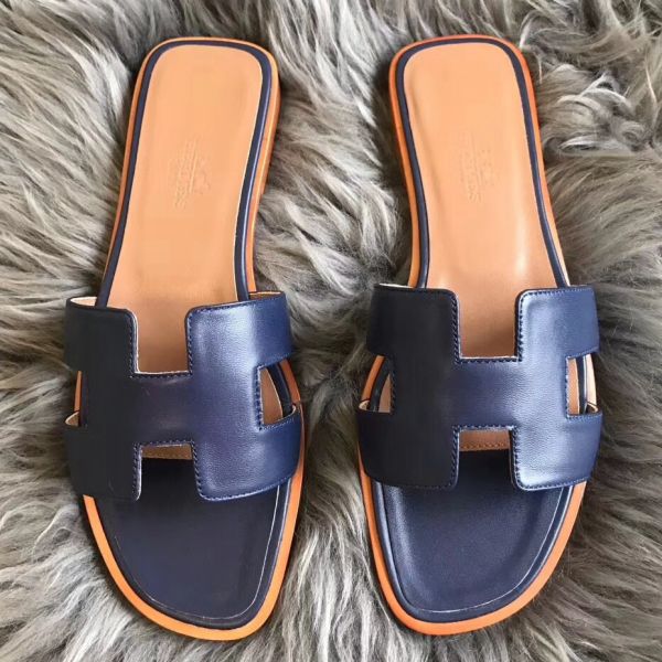 Replica Hermes Oran Sandals In Navy Swift Leather