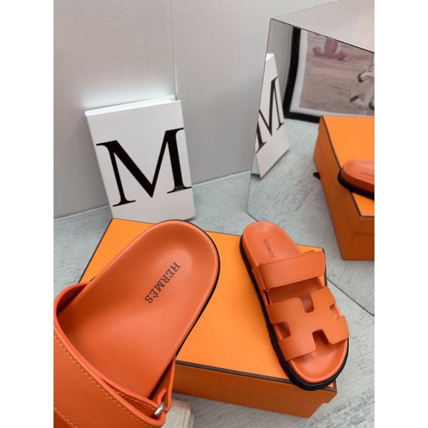 Replica Hermes Men s Chypre Sandals in Orange Epsom Calfskin