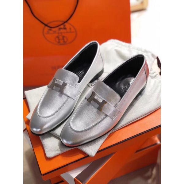 Replica Hermes Paris Loafers In Silver Metallic Goatskin Replica Hermes Paris Loafers In Silver Metallic Goatskin