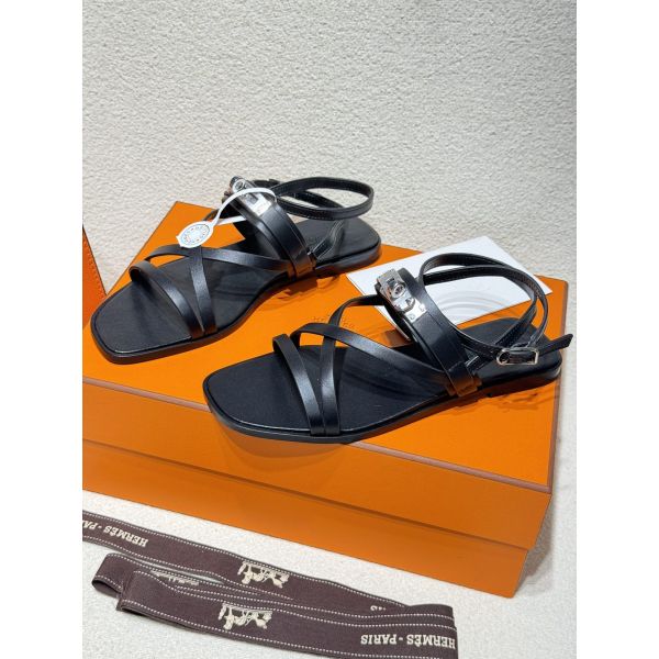 Replica Hermes June Sandals in Black Leather