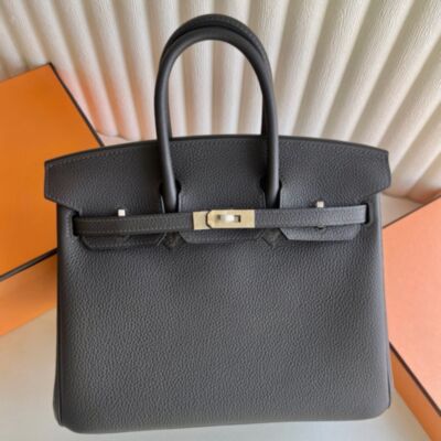 Hermes Birkin 25 Retourne Handmade Bag in Gris Graphite Clemence Leather