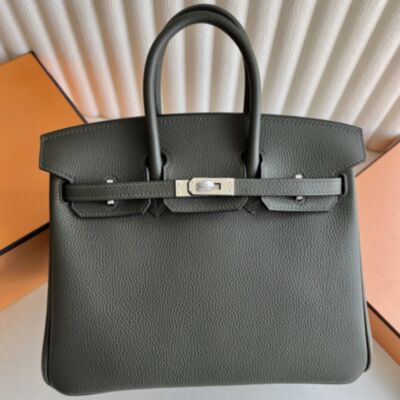 Hermes Birkin 25 Retourne Handmade Bag in Vert Gris Clemence Leather