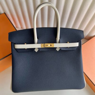 Hermes HSS Birkin 25 Bag in Blue Nuit and Craie Clemence Leather