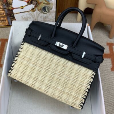 Hermes Picnic Birkin 25 Bag in Wicker with Black Swift Calfskin