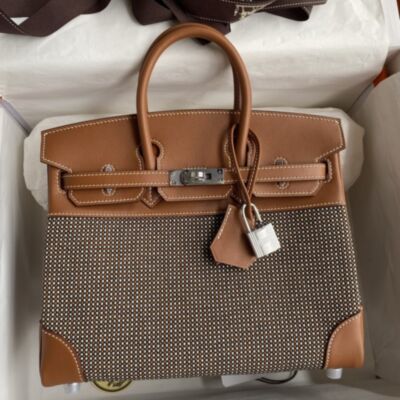 Hermes Birkin 25 Handmade Bag in Toile Quadrille & Gold Swift Leather