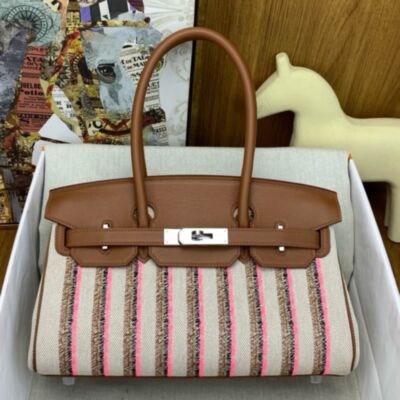 Hermes Shoulder Birkin Light 29 Bag in Toile and Gold Swift Leather