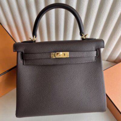 Hermes Kelly Retourne 25 Handmade Bag in Chocolate Clemence Leather
