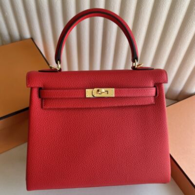 Hermes Kelly Retourne 25 Handmade Bag in Rouge Coeur Clemence Leather