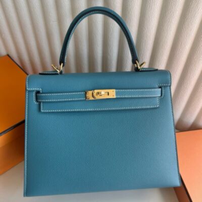 Hermes Kelly Sellier 25 Handmade Bag in New Blue Jean Epsom Calfskin 