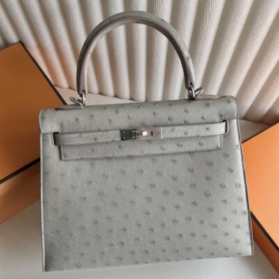 Hermes Kelly Sellier 25 Handmade Bag in Pearl Grey Ostrich Leather