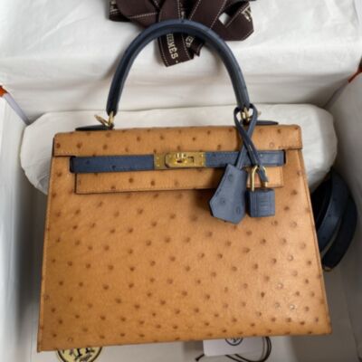 Hermes Kelly 25 HSS Sellier Bag in Toffee and Blue Malte Ostrich Leather